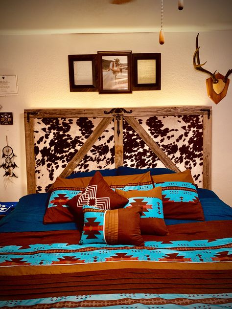 Western Style Rv Makeover, Cow Hide Headboard Beds, Cowhide Bed Frame, Diy Western Headboard Ideas, Diy Cowhide Headboard, Western Headboard Diy, Western Headboard Ideas, Diy Western Furniture, Western Headboards