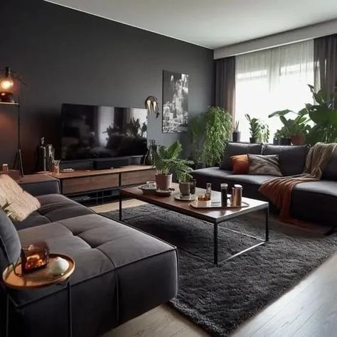 Bachelor Home Decor, Dark Walls Living Room, Cozy Modern Living Room, Apartment Living Room Decor, Fireplace Home, Room Decor Cozy, Living Room Decor Indian, Modern Living Room Decor, Dark Living Rooms