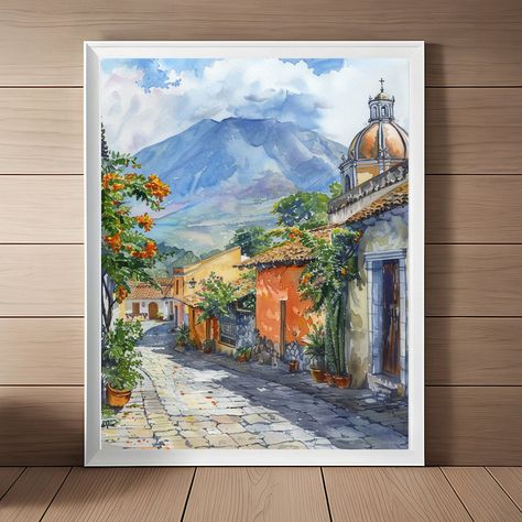 Guatemala Painting, Antigua Art Print, Spanish Colonial Wall Art, Watercolor Streetscape Guatemala Volcano Travel Art Instant Download Guatemala Painting, Guatemala Volcano, Guatemala Art, Guatemalan Art, Wall Art Watercolor, Shop Art Prints, Spanish Colonial, Fine Art Photo, Print Store