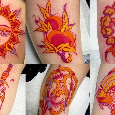 Chi Astrophel Baker on Instagram: "A selection of red lined traditional (psychedelic tattoos) I’ve made recently. I absolutely love tattooing in this way. Thank you to all my lovely customers who have got one of these/booked in to get one!🥰 Plenty of flash available. DM to book. Flash on my grid🍑 . . . #traditionaltattoos #oldlines #topclasstattooing #topclasstraditional #uktta #ladytattooers #southwesttattooers #redtattoo #psychedelictattoo #realtattoos #realtraditional" Bro Traditional Tattoos, Sarah Tattoo, Yellow Tattoo, Earthy Tattoos, Funky Tattoos, Paint Tutorial, Red Tattoos, Unique Tattoo Designs, Phone Layout