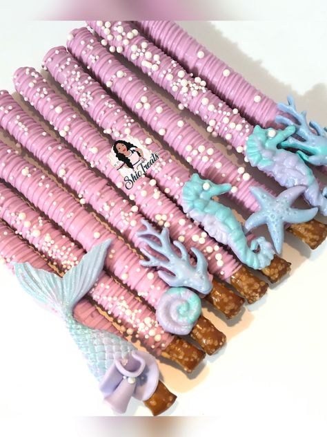 Mermaid Themed Candy Table, Under The Sea Pretzel Rods, Under The Sea Sweets, Mermaid Chocolate Covered Pretzels, Mermaid Chocolate Covered Strawberries, Mermaid Pretzel Rods, Mermaid Pretzels, Mermaid Treats Dessert Tables, Mermaid Dessert Ideas