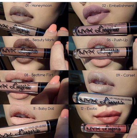 ριитєяєѕт: @вєℓℓαкєяz♡ Nyx Lingerie Lipstick, Best Nyx Products, Nyx Lingerie, Nyx Lipstick, Nyx Makeup, Beauty Make-up, Makeup Swatches, Lip Glosses, Drugstore Makeup