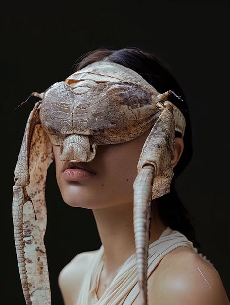 The image is a close-up of a woman wearing a strange mask. The mask is made of the exoskeleton of a large insect, and it covers her eyes, nose, and mouth. The woman's skin is pale and her eyes are dark and empty. She is wearing a white dress, and her hair is long and black. The background is black, and there is no other light in the image. The image is both beautiful and disturbing, and it is unclear what the woman is trying to express. Ant Mask, Bug Photoshoot, Insect Woman, Bug Person, Insect Mask, Insect Fashion, Insect Costume, Insect Exoskeleton, Bee Mask