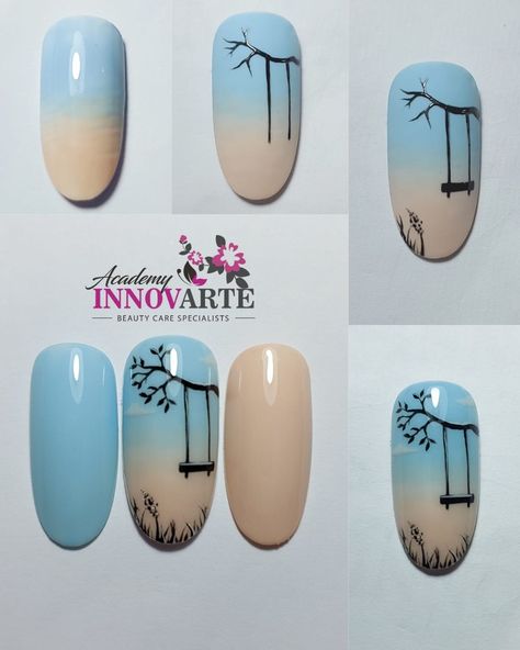 Scenery Nail Art, Brush Work Nail Art Designs, Blooming Gel Nail Ideas, Beginner Nail Designs, Brush Nail Art, Tape Nail Art, Quick Nail Art, Nail Tutorial Videos, Nail Art Designs Images