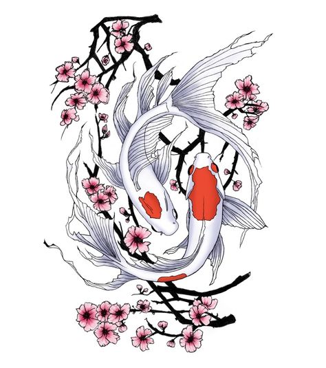 Koi Fish Sakura Tattoo, Coi Fish Cherry Blossom Tattoo, Koi Fish And Cherry Blossom Tattoo, Cherry Blossom Koi Fish Tattoo, Koi Fish With Cherry Blossom, Cherry Blossom Tattoo Men, Sakura Tattoo, Coy Fish, Koi Fish Drawing