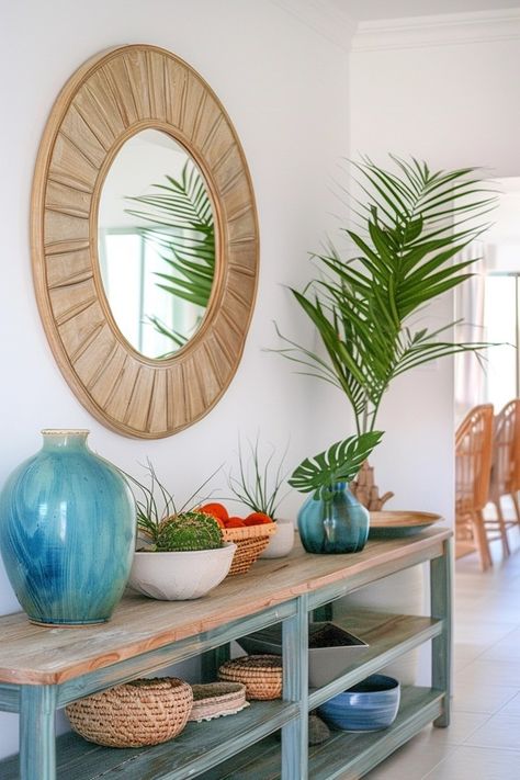 Beachy Entryway Decor: Coastal Inspiration Tropical Entryway Ideas, Coastal Entryway Ideas Front Entry, Beachy Entryway, Coastal Entryway Ideas, Coastal Color Scheme, Entrance Mirror, Foyer Ideas Entryway, Coastal Living Magazine, Colorful Coastal