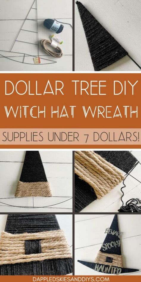 Witch Garland Diy, Witch Hat Frame Ideas, Witch Hat Wreath Form Ideas, Wire Witches Hat From Dollar Tree, Witch Wreath Diy, Diy Witch Hat Decoration, Witches Hat Wreath Diy, Witch Hat Wreath Diy, Dollar Tree Witch Hat Wreath