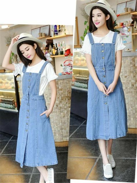 Dress Outfits Korean, Denim One Piece, Jumper Dress Outfit, Denim Dress Outfit, Korean Fashion Street Casual, Jumper Denim, Korean Fashion Fall, Korea Dress, Skirt Jeans