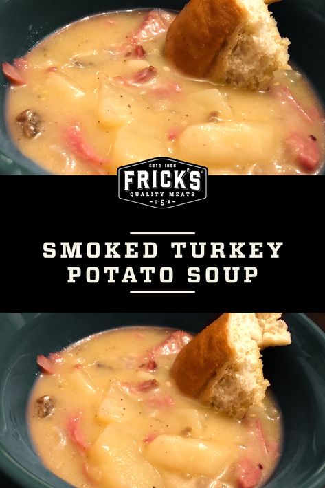 With potatoes and smoked turkey, this creamy soup recipe is for anyone who wants a warm, hearty, feel-good meal and a cozy night. Smoked Turkey Stew, Smoked Turkey Noodle Soup, Leftover Smoked Turkey Soup, Smoked Turkey Meals, Turkey And Potato Soup, Smoked Turkey Leg Soup, Smoked Turkey Soup Recipes, Recipes Using Smoked Turkey, Smoked Turkey Recipes Leftover