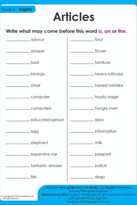 Articles worksheet for Class 3. Writing the article, a, an, the which are special modifiers that appear before nouns or noun phrases. Subscribe to www.grade1to6.com for just $25 a year to get 6000 plus Maths and English worksheets for Grade 1 to Grade 6 #mathworksheets #schoolprincipals #englishworksheets A An The Worksheet, English Worksheets For Grade 1, Articles Worksheet, Free English Worksheets, Worksheets For Grade 1, Basic English Grammar Book, English Grammar For Kids, Grammar For Kids, English Grammar Book