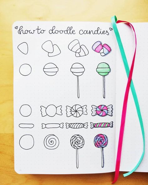 Step By Step Doodles | Wow! 🍬☺️ Awesome candy doodle tutorial made by @lepetitchat96 ✨ easy to follow steps and so beautifully coloured in 😊 This got me craving f… | Instagram Bullet Journal Drawings, Step By Step Doodles, Doodle Tutorial, Creative Mind Map, Candy Notes, Journal Drawings, Doodles To Draw, Candy Drawing, Notes Diy