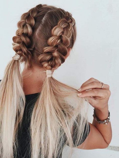 ombre-hair-brown-blonde-braid-styles-for-girls-two-braids-ponytails Natural Braided Hairstyles, Fishtail Braid Hairstyles, Long Bobs, Fishtail Braids, Hair Dyes, Cute Braided Hairstyles, Fishtail Braid, Cool Braid Hairstyles, Peinados Fáciles Para Cabello Corto