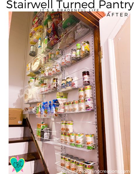 All designs and creations by Tommy and Carolyn Braden  FULL PROJECT: CLICK THE LINK OR PHOTO! #pantry #kitchenorganization #pantry #farmhousedecor #storageideas Pin me! carolynsbloomingcreations.com Basement Staircase Storage, Stairway Pantry Storage Ideas, Stairwell Pantry Ideas, Pantry In Stairwell, Basement Stairway Storage, Top Of Basement Stairs Storage, Basement Stairwell Storage, Pantry Above Basement Stairs, Basement Pantry Storage