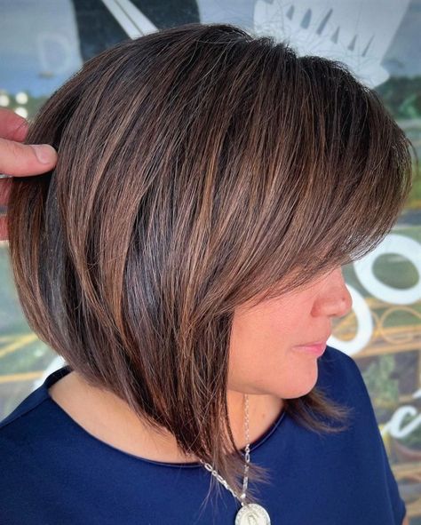 Rounded Inverted Bob with Swoopy Bangs Swoopy Bangs, Swing Bob Haircut, Layered Ends, Low Taper Fade Haircut, Haircuts Women, Inverted Long Bob, Shaggy Bob Haircut, Inverted Bob Haircuts, Lob Haircuts