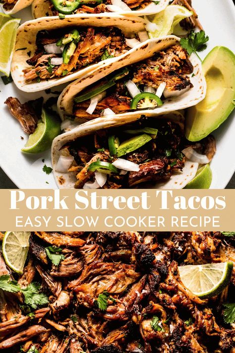 These Pork Street Tacos are easy to make at home with your slow cooker. Popping the carnitas under the broiler ensures a crispy texture! // recipe Pork Street Tacos Slow Cooker, Street Tacos Easy, Pork Street Tacos, Crockpot Carnitas Recipes, Pork Tacos Crockpot, Shredded Pork Tacos, Slow Cooker Pork Shoulder, Slow Cooker Pork Tacos, Pork Rib Roast