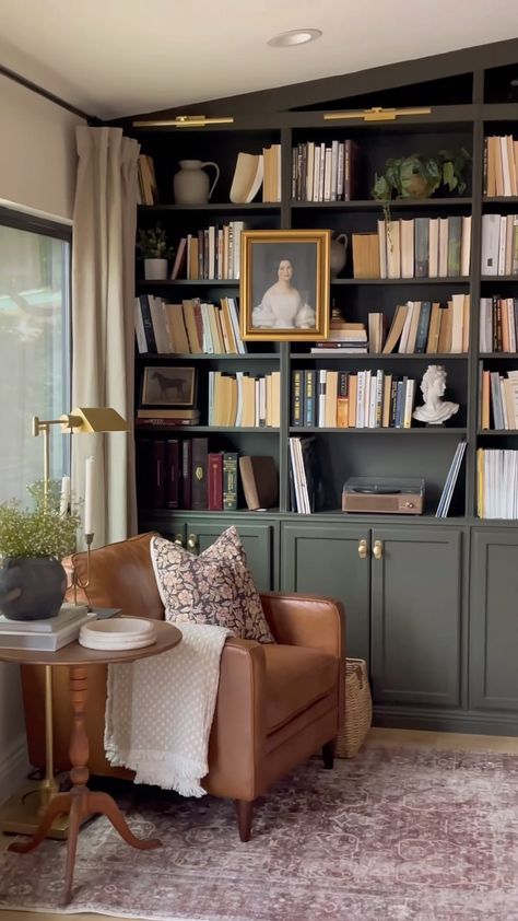 My Favorite DIY Project In Our Home! 📚 Building our home library was one of the longest but most rewarding DIY projects we’ve done in our … | Instagram Library Style Office, Green Library Living Room, Bookshelf Study Room, Cottagecore Built In Shelves, Home Study Inspiration, Home Library Colors, Cozy Home Office Library, Bookcase Living Room Ideas, Library In Living Room