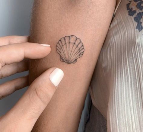 Tiny Sea Shell Tattoo, Sunrise Shell Tattoo, Fineline Shell Tattoo, Scallop Shell Tattoo, Sea Shell Tattoo, Small Tattoo Placement Ideas, Greece Tattoo, Seashell Tattoo, Shell Tattoo