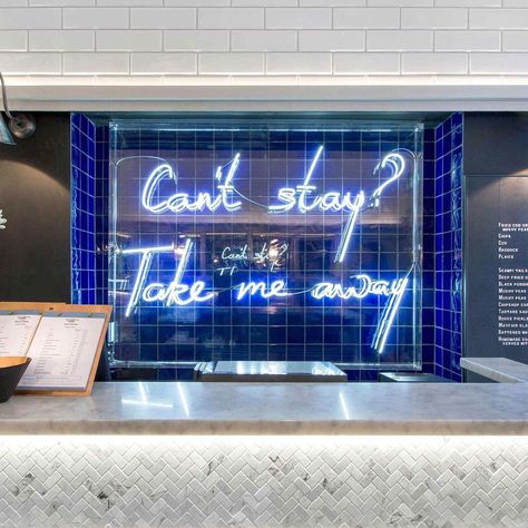 Love this cobalt blue Neon sign for the restaurant we designed in Mayfair earlier in the year @eatbritmayfair #stephensonwright #commercialdesign #london #mayfair #fishandfizz #interiordesign #restaurantdesign London Mayfair, London Interior Design, Fish And Chip Shop, Clothing Store Interior, Interior Design London, Clothing Store Design, Interior Signs, Home Lighting Design, Indoor Design