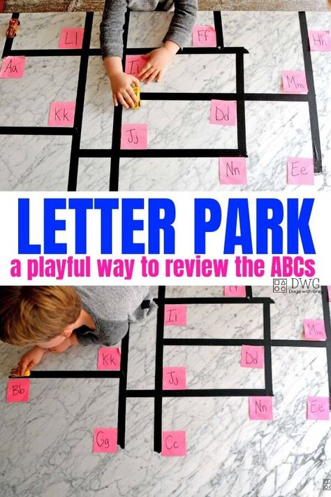 Letter Recognition Drive and Park — Days With Grey Letter Recognition Games, Alphabet Activity, Letter Recognition Activities, Diy Preschool, Letter Games, Simple Setup, Letters Of The Alphabet, Writing Blog, Alphabet Games