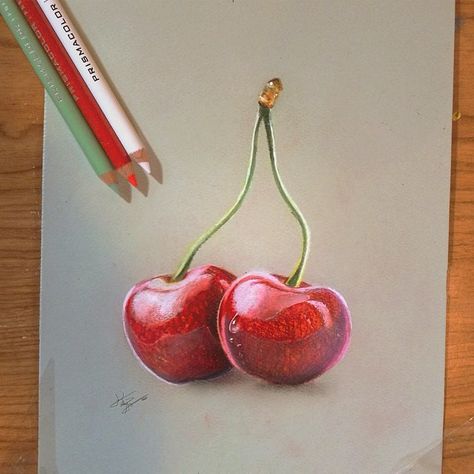 I love cherries! Banana Artwork, Tattoo Strawberry, Painting Strawberries, Watercolour Fruit, Cherry Painting, Cherry Drawing, Pineapple Tattoo, Crayons Pastel, Color Pencil Sketch