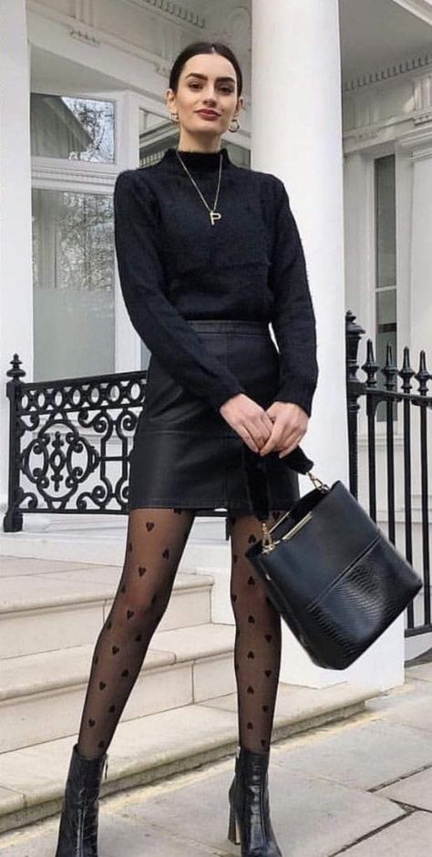 All Black Skirt Outfit Winter, Leather Skirt With Tights Outfit, Leather Skirt Outfit Boots, Leather Skirt Winter Outfit Night, Black Tights Office Outfit, Skirt Winter Outfit Tights, Black Leather Mini Skirt Outfit Winter, Leather Skirt With Tights, Short Black Skirt Outfit Winter