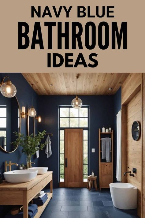 Dashing Navy Blue Bathrooms - Designs to Inspire You - West Magnolia Charm Navy Master Bath Ideas, Bathroom With Blue Shower Tile, Hale Navy Bathroom Walls, Navy Blue And Wood Bathroom, Navy And Wood Bathroom, Dark Blue Bathroom Walls, Blue Bathrooms Ideas, Rustic Blue Bathroom, Hale Navy Bathroom