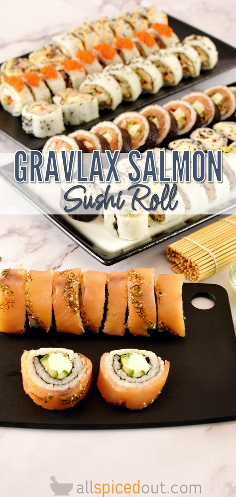 Gravlax Salmon Sushi Roll Uramaki Gravlax Salmon, Instant Pot Sushi Rice, Smoked Salmon Sushi, Cucumber Cream Cheese, Avocado Sushi, Salmon Sushi Rolls, Sushi Recipes Homemade, Salmon Roll, Easy Sushi