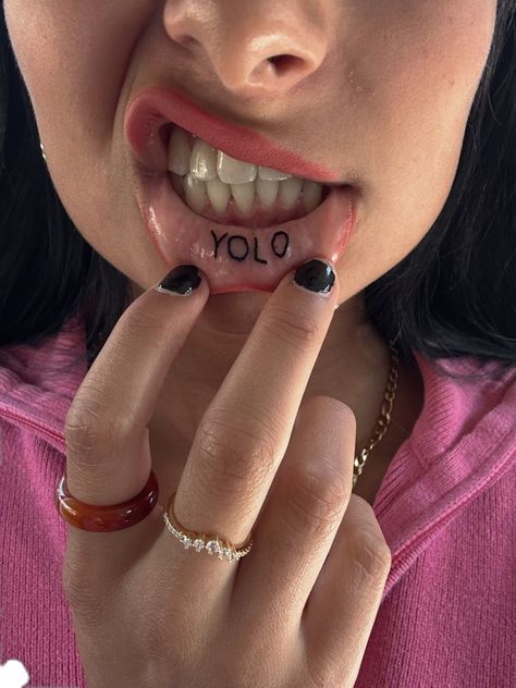 Yolo Lip Tattoo, Tatto Lips, Yolo Tattoos, Eminem Tattoo, Inner Lip Tattoo, Whimsical Creatures, Small Tats, Sealed With A Kiss, Sharpie Tattoos