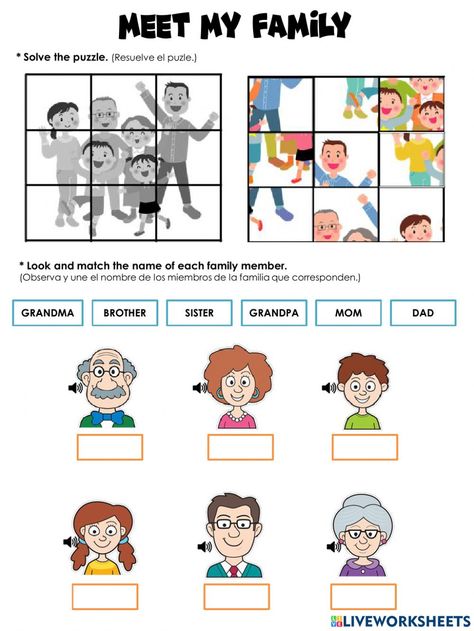 Family Members Worksheet, Family Activities Kindergarten, Esl Learning, Cute Disney Characters, Family Worksheet, Kids Homework, Classroom Management Tool, Family Puzzles, Learning English For Kids