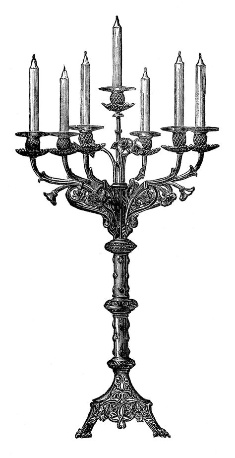 Antique Images: Black and White Illustration: Religious Clip Art of Candelabra Graphic from Vintage Catholic Bible Antique Room, Catholic Bible, Wheel Decor, Antique Images, Antique Illustration, White Illustration, Clip Art Vintage, Victorian Art, Poster Retro