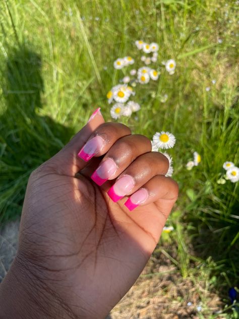 Short square acrylic hot pink nails French tip Summer Nails Acrylic Hot Pink Nails, Hot Pink Nails French Tip, French Tip Summer Nails, Hot Pink French Tips, Pink Nails French Tip, Pink Nails French, Nails French Tip, White Tip Nails, Classy Acrylic