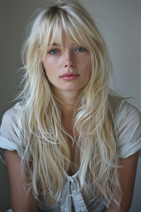 Blonde Hair Fringe, 4th Of July Hairstyles, July Hairstyles, Long Layered Hair With Bangs, Messy Blonde Hair, Long Platinum Blonde, Blonde Bangs, Layered Hair With Bangs, Hair Hack