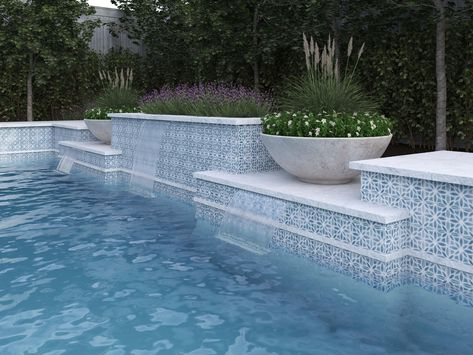 Get inspired to create your dream outdoor oasis! Discover stylish ideas for your garden, patio, or poolside and bring your vision of luxurious outdoor living to life. 🙃😍😎 Modern Lap Pool, Aqua Pool Tile, Timeless Pool Tile Ideas, Zellige Tile Pool Waterline, Spanish Style Pool Tile, Sandblasted Marble Pool Deck, 2024 Pool Tile Trends, Pool Tile Inspiration, 6x6 Pool Tile Ideas