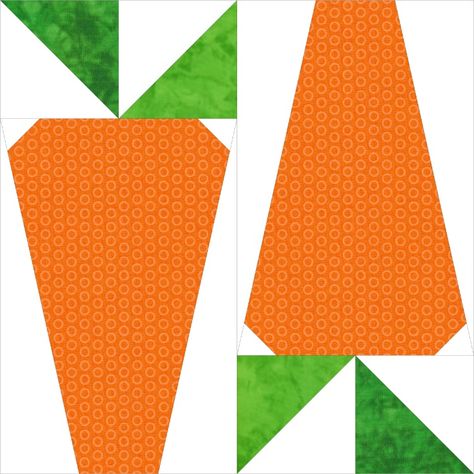 This carrot quilt block will add a lot of color to your farm quilt.  You can use the whole pattern as a block or use just half the block in a border or sashing.  This pattern comes with two methods of assembly.  Traditional templates to cut and assemble and it also comes with a paper piecing pattern.  Size 12 1/2"  x 12 1/2" Easter Quilt, Easter Quilts, Farm Quilt, Trendy Sewing, Holiday Quilts, Quilt Block Pattern, Paper Piecing Patterns, Foundation Paper Piecing, Sewing Table