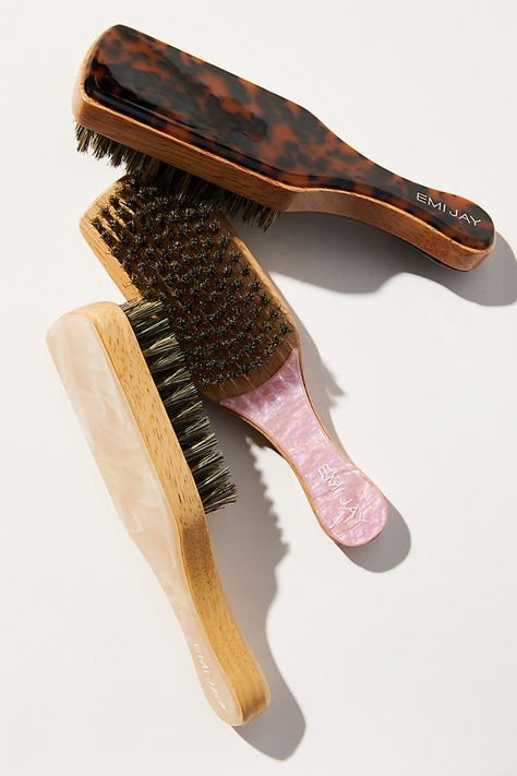 Enhance your on-the-go hairstyles with the Mini Boar Bristle Brush. Crafted with precision using high-quality natural boar bristles, this brush smoothly glides through your hair, aiding in the even distribution of your hair's natural oils. As a result, you'll enjoy a stunningly sleek and shiny finish with a strong, even hold that elevates your look. This brush is designed to meet the needs of all hair types, ensuring a flawless look every time. | Boar Bristle Mini Brush by Emi Jay in Pink, Women's at Anthropologie Soft Hair Brush, Bore Bristle Hair Brush, Emijay Hair Brush, Custom Hair Brush, Emi Jay Brush, Aesthetic Hair Brush, Hair Brush Aesthetic, Amazon Must Haves 2024, Hairbrush Aesthetic