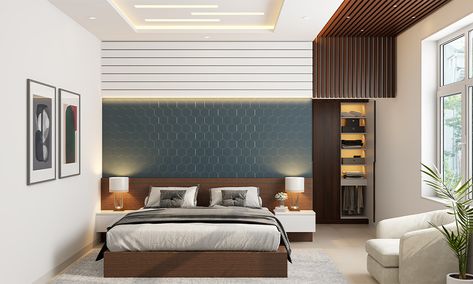 Pop ceiling bedroom with cove lighting, a wooden panelled false ceiling on the other end of the room brings a modern look. Pop Designs For Bedroom, Trendy Bedroom Design, Balcony Designs, Bedroom Pop Design, Best Bedroom Ideas, Bedroom 2022, Bedroom Decor Gray Walls, Simple Ceiling, Bedroom Decor Gray