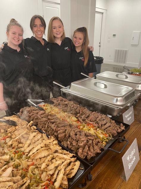 Tacos Wedding Buffet, Wedding Catering Mexican Food, Fajitas Wedding Reception, Mexican Catering Ideas Wedding Reception, Wedding Steak Buffet, Fajita Buffet Bar Ideas, Fajita Wedding Buffet, Mexican Buffet Ideas Food Bars Wedding Reception, Mexican Wedding Dishes