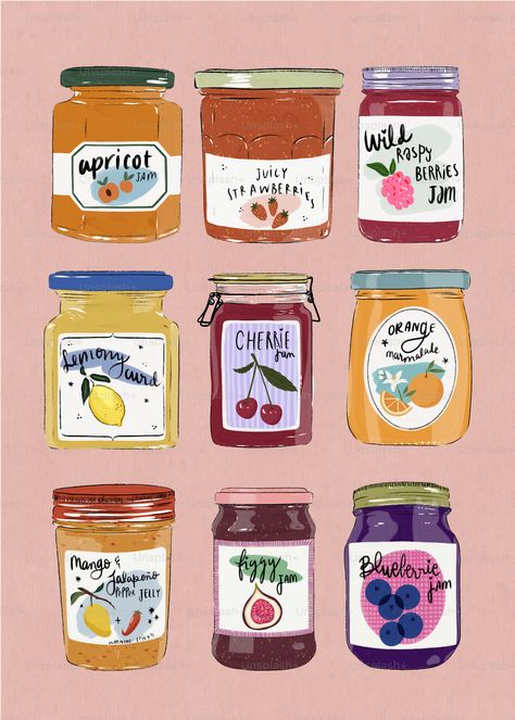 Butter Illustration Drawings, Jar Illustration Art, Jam Jars Aesthetic, Pickle Jar Illustration, Jam Illustration Jar, Marmalade Illustration, Jar Drawing Illustration, Jam Jar Drawing, Jam Jar Illustration