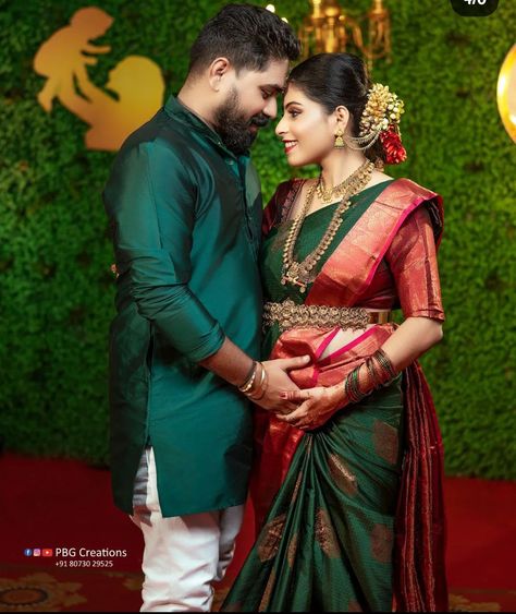 Srimantham Stills Photo, Sreemantham Stills, Valakappu Photos, Srimantham Sarees, Baby Shower Saree Indian, Seemantham Photos, Traditional Maternity Shoot, Indian Maternity Photos, Shower Couple