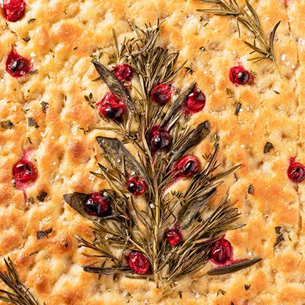 Cardinal Foccacia Bread, Thanksgiving Focaccia Bread, Cranberry Focaccia, Foccacia Bread Cranberry, Sage Focaccia, Gluten Free Symbol, Rosemary Focaccia Bread, Wild Garlic Confit & Rosemary Focaccia, Puffed Rice Cereal