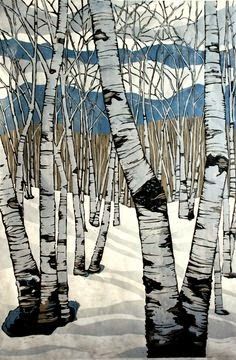 Birch Tree Illustration, Snow Ideas, Wood Drawing, Wood Illustration, 6th Grade Art, Winter Illustration, Value In Art, Tree Carving, Tree Illustration