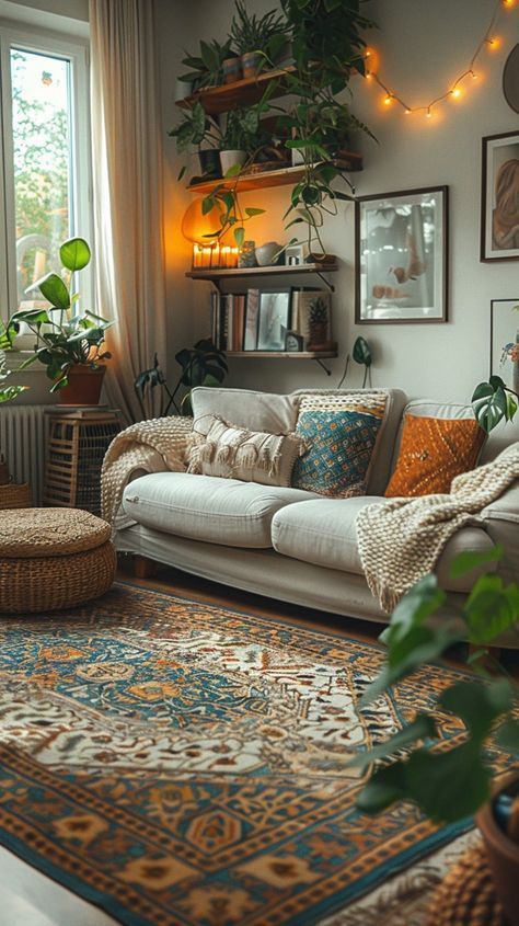 Cozy Nature Living Room, Living Room Designs Yellow Walls, Mountain Apartment Decor, Eclectic Natural Living Room, Cozy Living Room Cottagecore, Modern Boho Studio Apartment, Maximalist Cottagecore Living Room, Colorful Hygge Decor, Granola Living Room Aesthetic