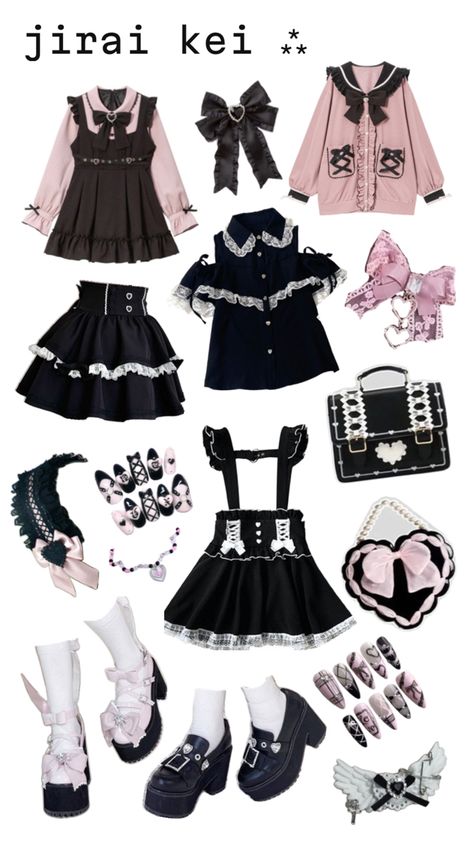 jirai kei outfit ,, (disclaimer, i am not extremely educated on these styles, i make these collages for fun!) Pastel Goth Outfits, Kei Fashion, Jirai Kei, Grunge Goth, J Fashion, Kawaii Clothes, Girly Fashion, Japan Fashion, Harajuku Fashion