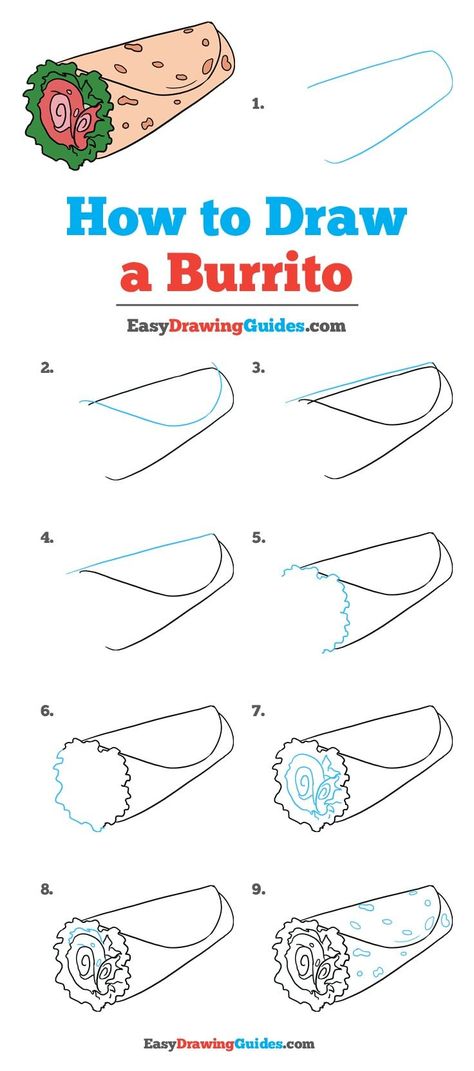 Learn How to Draw a Burrito: Easy Step-by-Step Drawing Tutorial for Kids and Beginners. #Burrito #DrawingTutorial #EasyDrawing See the full tutorial at https://easydrawingguides.com/how-to-draw-a-burrito/. Burrito Drawing, Food Art Ideas, Get Better At Drawing, Fruit Drawing, Draw Food, Drawing Instructions, Easy Drawing Steps, Manga Ideas, Draw Easy