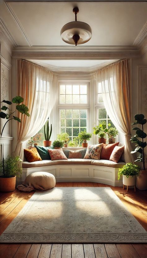 Fake Bay Window, Living Room Window Bench Seat, Window Seat Bay Window Living Room, Bay Window With Seating, Reading Bay Window, Modern Window Seat Living Room, Dressing Bay Windows, Piano By Window, Room With Windows All Around