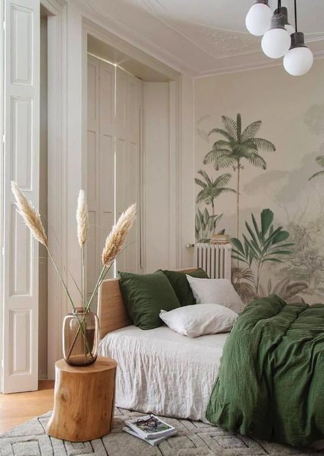 Tropical Interior Design, Beige Room, Wallpaper Tropical, Tropical Interior, Tropical Bedrooms, Sage Green Bedroom, Beige Bedroom, Jungle Wallpaper, Green Rooms