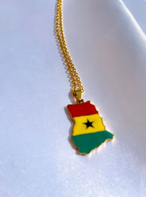 The 18k Gold Plated Ghana Map and Flag Necklace is 2.5cm x 3.8cm the length of the chain is 50cm / 20in. Flags In Bedroom, Ghana Necklace, Ghana Jewelry, Y2k Pics, Ghana Map, Culture Appreciation, Ghana Culture, Ghana Flag, Indus Valley Civilization