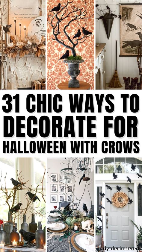 31 Chic Ways to Decorate for Halloween with Crows Crow Decorations Halloween, Black Crows Halloween Decor, Low Key Halloween Decor, Crow Porch Decor, Raven Halloween Decorations, Nevermore Halloween Decor, Combining Fall And Halloween Decor, Diy Crow Decoration, Spooky Halloween Entryway