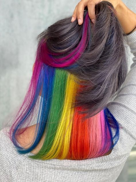 Rainbow Underdye Hair, Rainbow Hair Color Underneath, Rainbow Color Blocking Hair, Layered Rainbow Hair, Rainbow Dyed Hair Underneath, Rainbow Ends Hair, Rainbow Hair Medium Length, Hidden Rainbow Hair Brown, Rainbow Hair Color Ideas For Short Hair