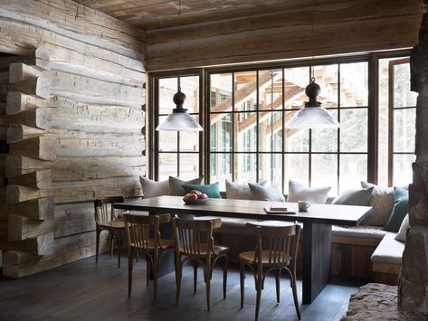 Jake Arnold, Cabin Style Homes, Custom Dining Tables, Aaron Paul, Log Cabin Homes, Mountain Retreat, Dining Areas, Living Room With Fireplace, Rustic Cabin